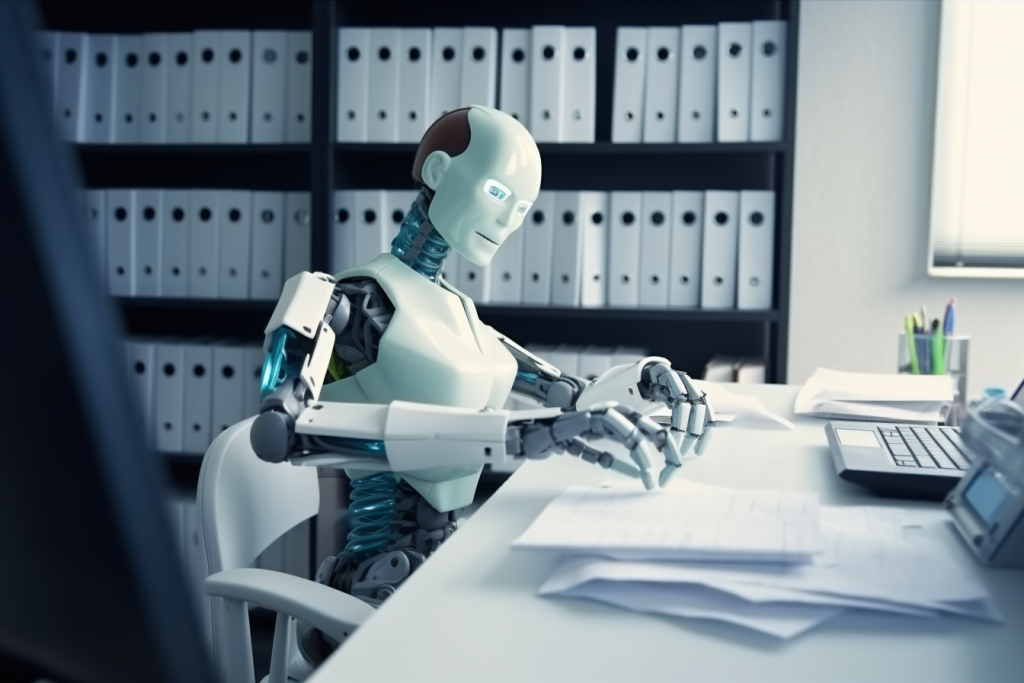 AleksandraLi_robotic_human_sits_in_the_office_a_lot_of_documant.png